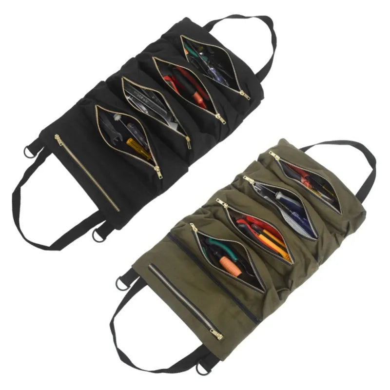 Multifunctional canvas hanging storage bag 49x29cm in khaki, army green, and black for car organisation