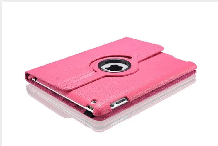 iPad PU leather clam shell case in various colours, shown closed and open with an iPad inside.
