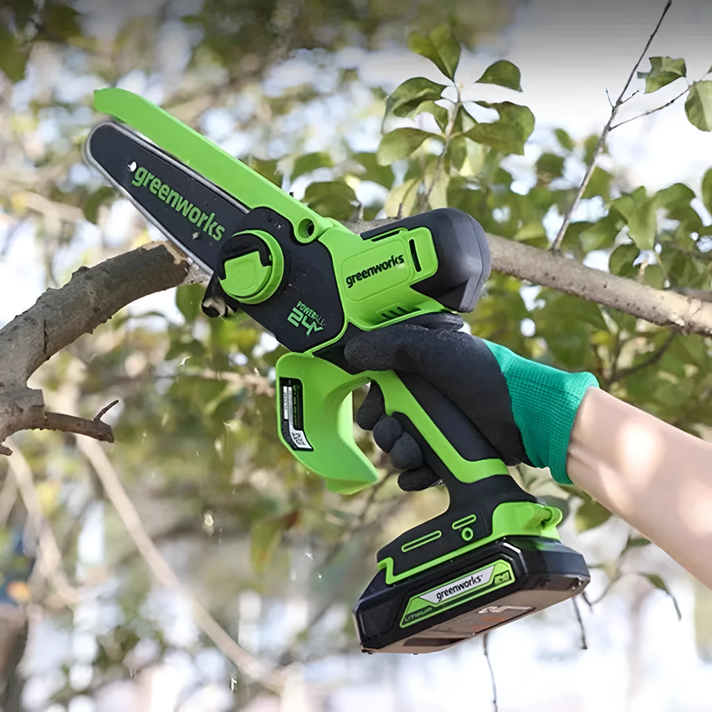 6-inch cordless electric chainsaw with 24V lithium battery, guide plate, and charger
