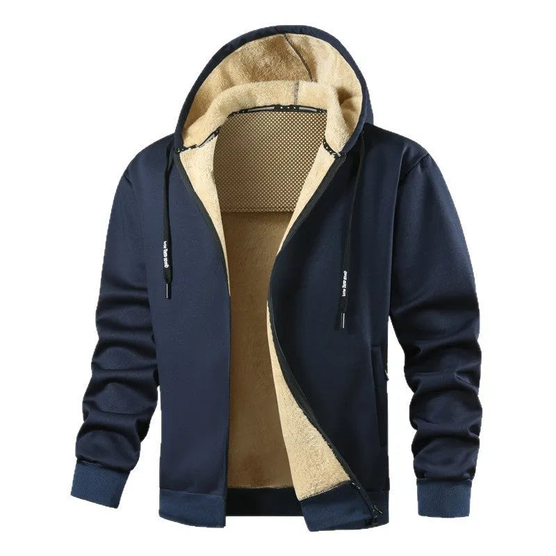 Men's fleece-lined hooded sweatshirt in loose cardigan style with side pockets, black colour