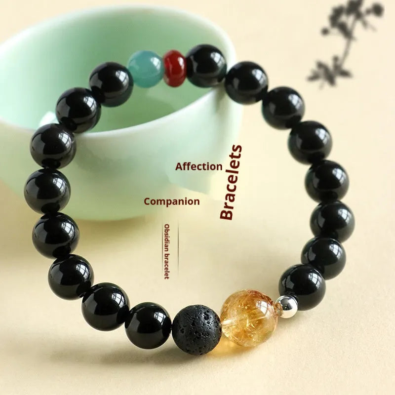 Chinese-style obsidian yellow tower crystal agate jade couple bracelet with 8mm or 10mm bead options