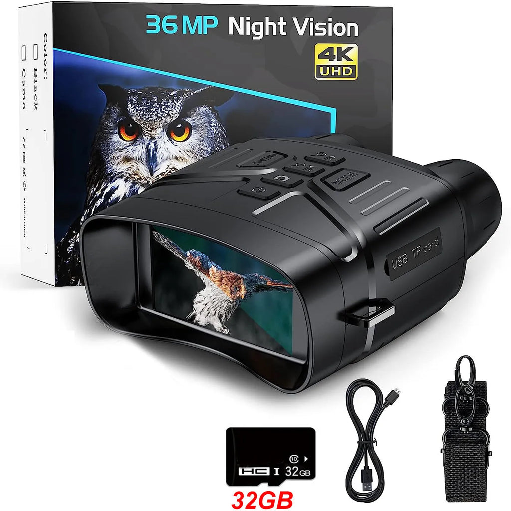 Black 4K night vision monocular with LCD screen showing night vision display