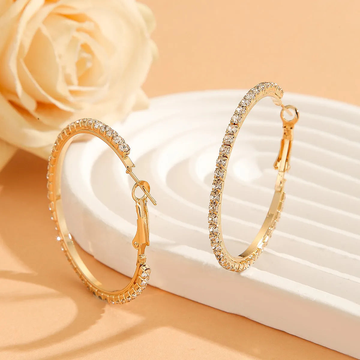 Gold plated copper zircon inlaid princess style large earrings for women, gold white colour, 1 pair
