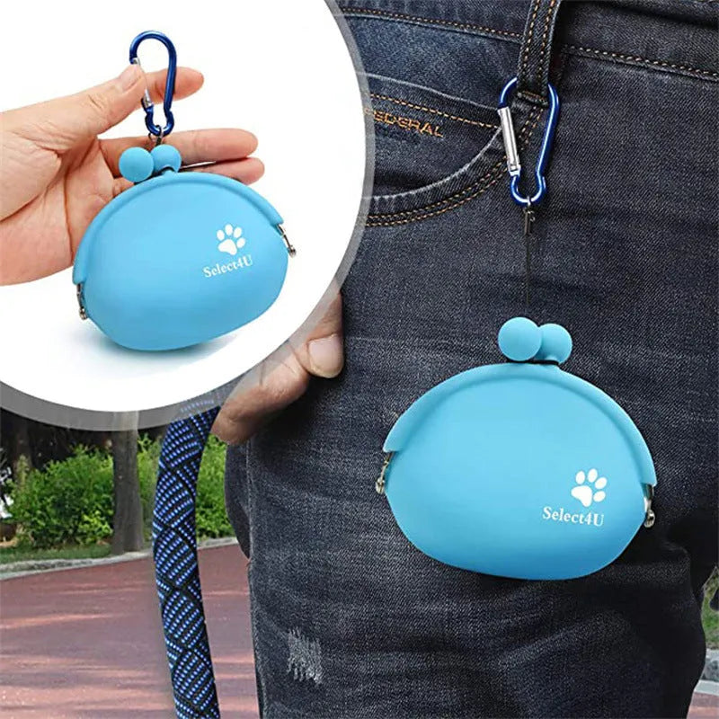 Silicone dog training treat pouch with waist clip in assorted colours on a belt.