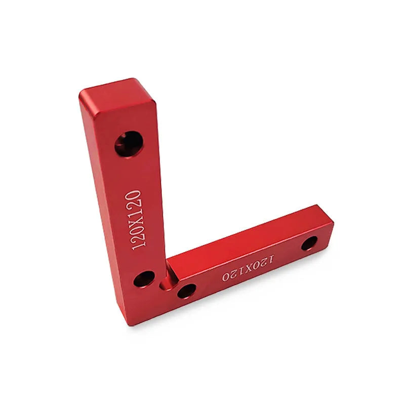 Aluminium right angle positioning block for woodworking jigsaws on a workbench