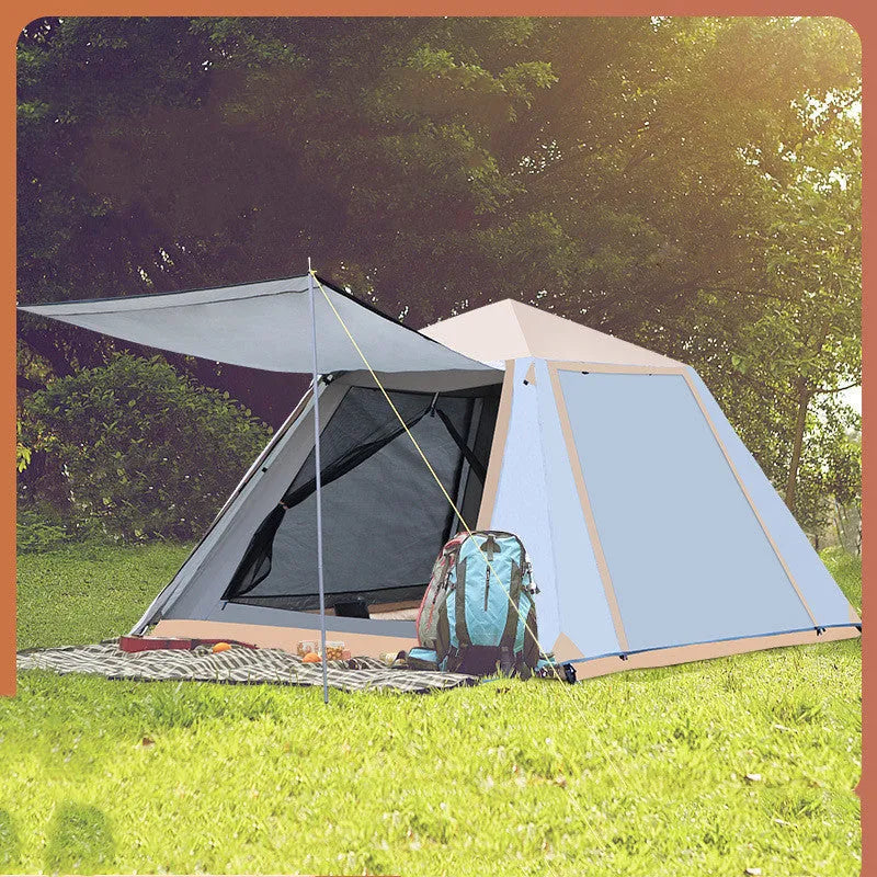 White fully automatic quick-open camping tent with aluminium poles, double-layer construction, pitched outdoors in a field