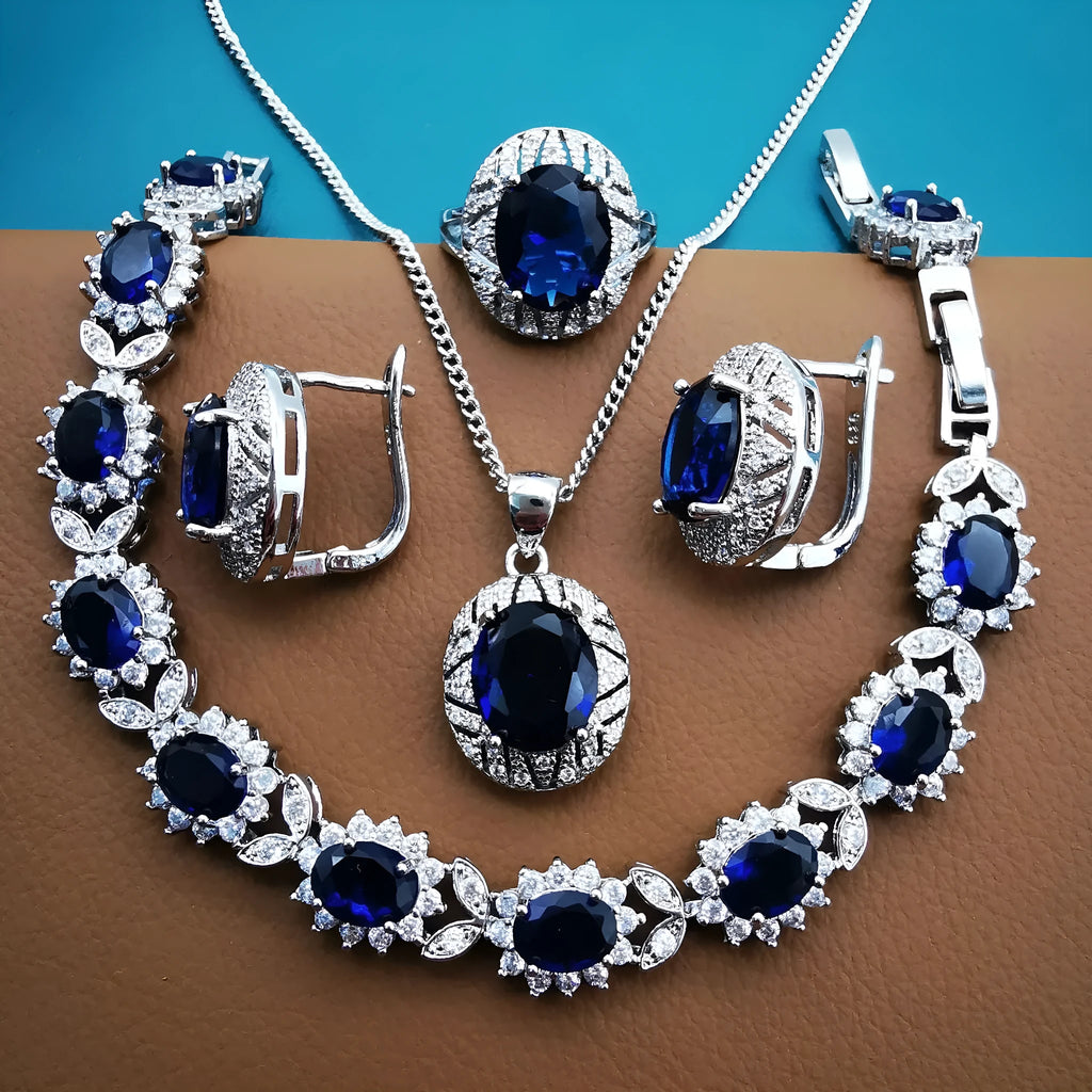 Four-piece mixed gem inlaid jewellery suit with zircon mosaic and O-ring chain in black, red, blue, green