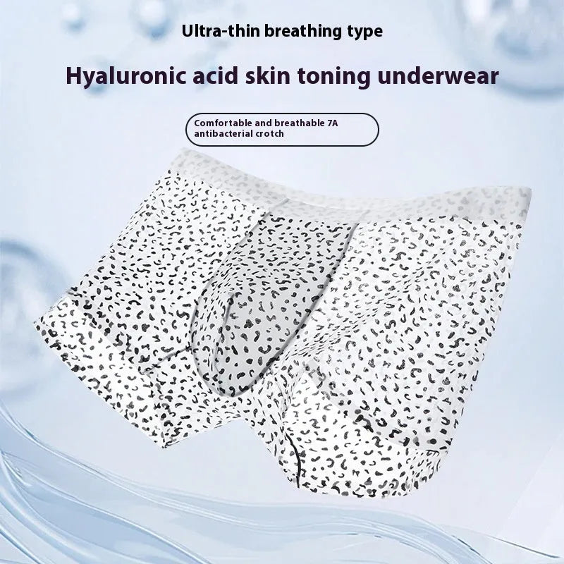 Men's black leopard print ice silk boxer shorts with mid waist, shown alongside zebra and geometric pattern options.