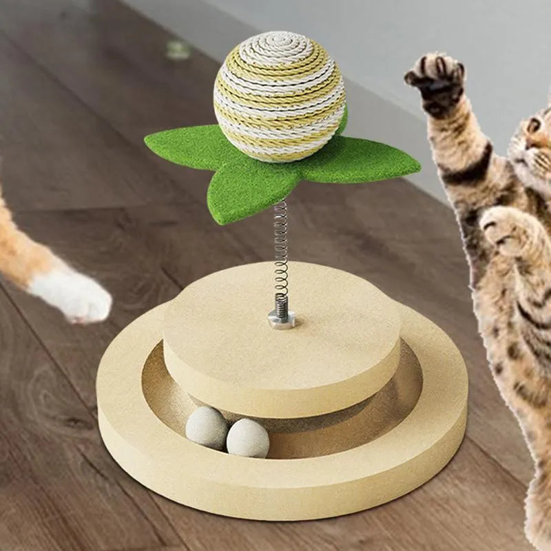 Green sisal cat toy with multi-layer ball track and rotating springs for indoor feline play