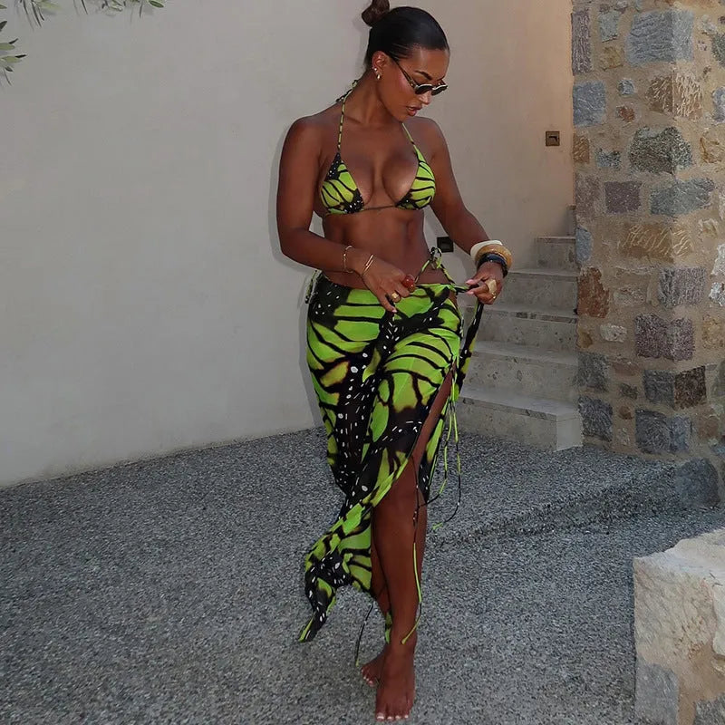 Green fashion printed long skirt bikini three-piece set for women, street style, polyester fabric, sizes S M L