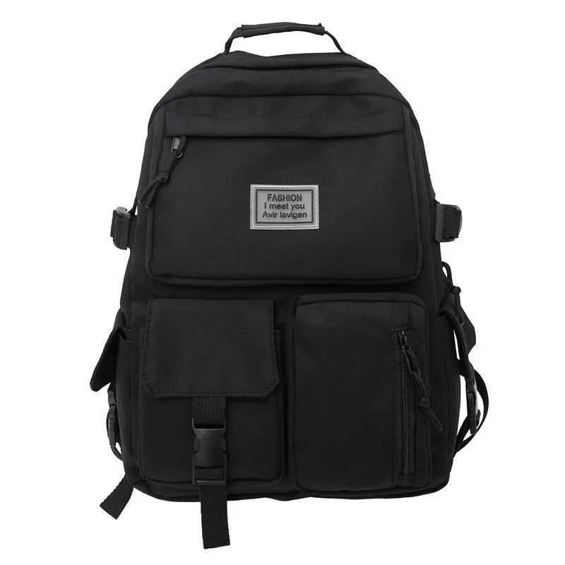Black and white soft nylon student backpack with laptop compartment and three-dimensional pockets