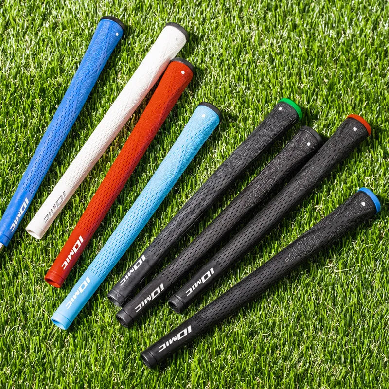 TPE non-slip golf club grip shown in various colour options including pink, blue, and black with coloured heads.