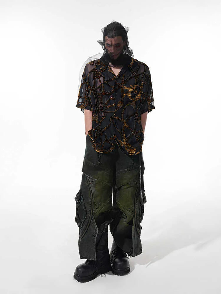 Men's black and grey snake pattern short-sleeved shirt with translucent polyester fabric