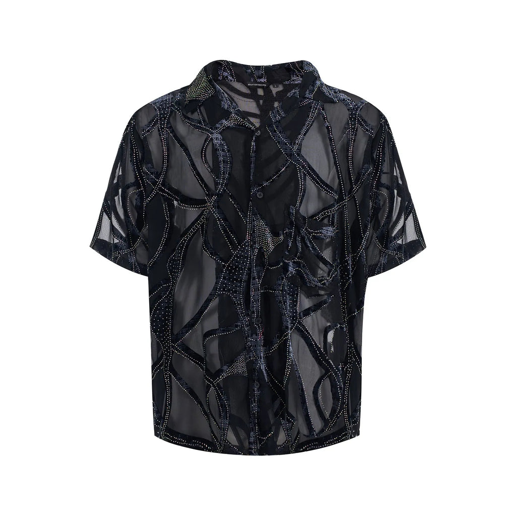 Men's black and grey snake pattern short-sleeved shirt with translucent polyester fabric
