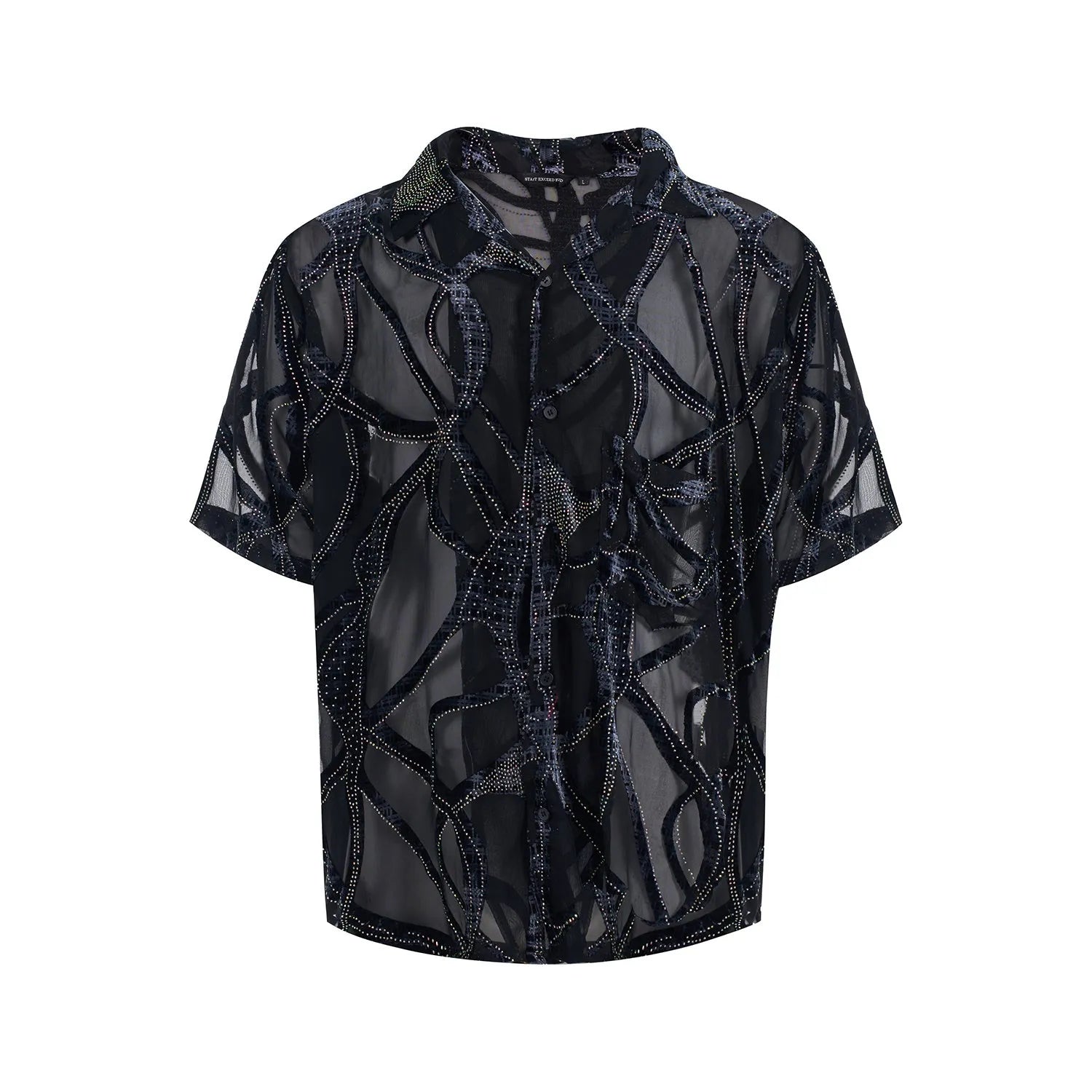 Men's black and grey snake pattern short-sleeved shirt with translucent polyester fabric