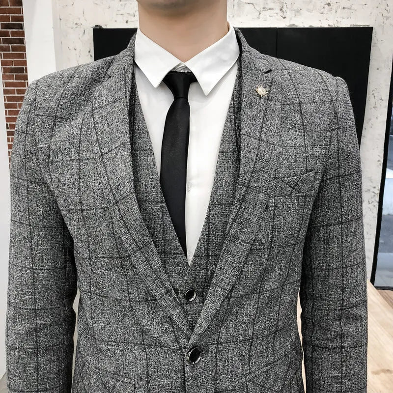 Men's slim fit three-piece suit in viscose blend, available in khaki, black, dark blue, grey, sizes M to XXXXL.