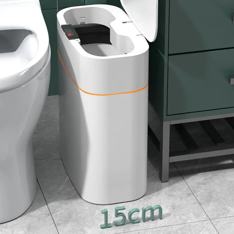 White automatic induction smart trash can with lid open, showing internal bin liner.