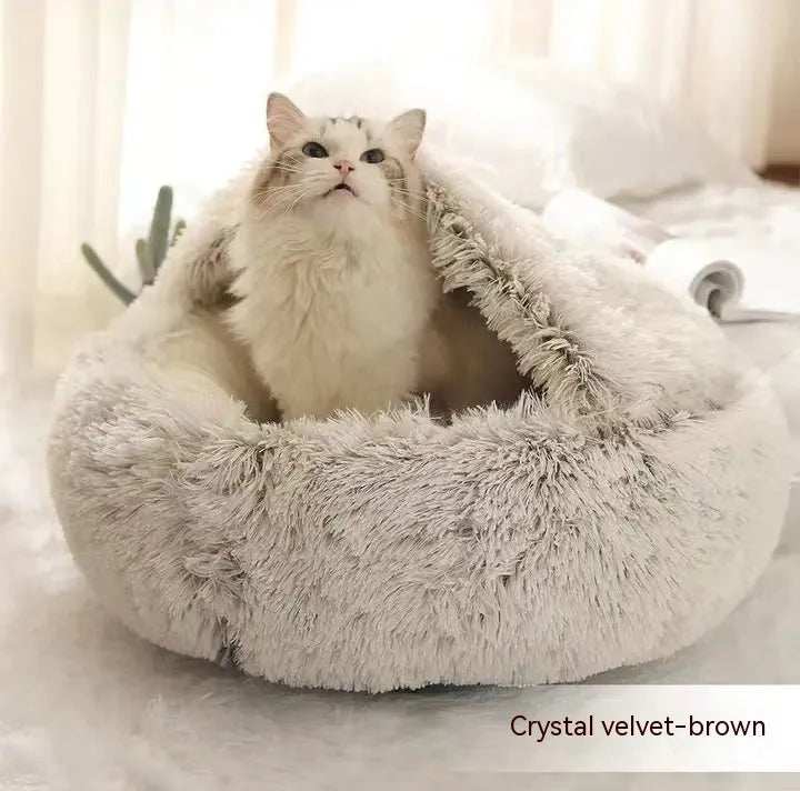 2 in 1 round plush pet bed with PP cotton filling for dogs and cats, available in brown, 65cm size
