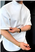 White men's t-shirt with a buttoned round hem and short sleeves.