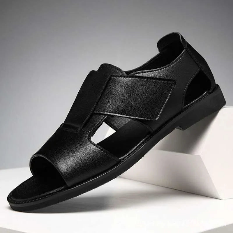 Men's black and brown leather casual sandals with open-toe design and rubber soles