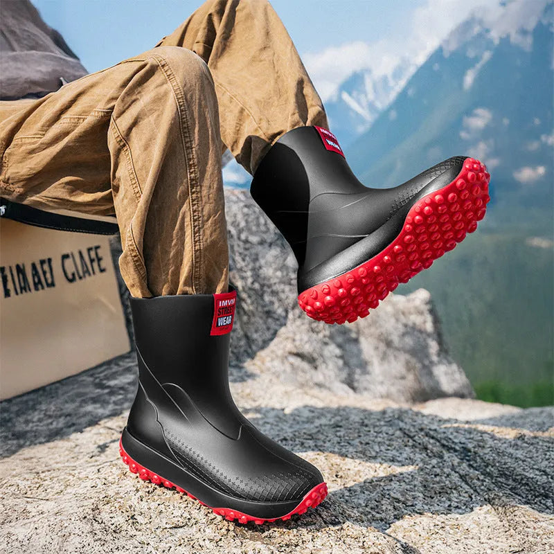 Men's PVC rain boots in four colours with waterproof upper and non-slip plastic sole