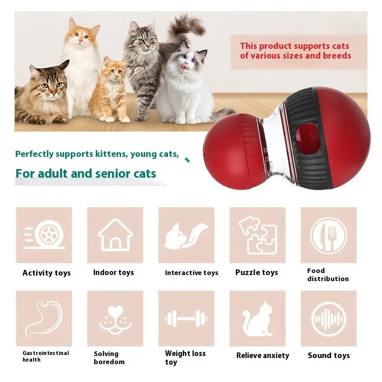 Rotating plastic cat toy with a colourful super ball on a base, showing dimensions.