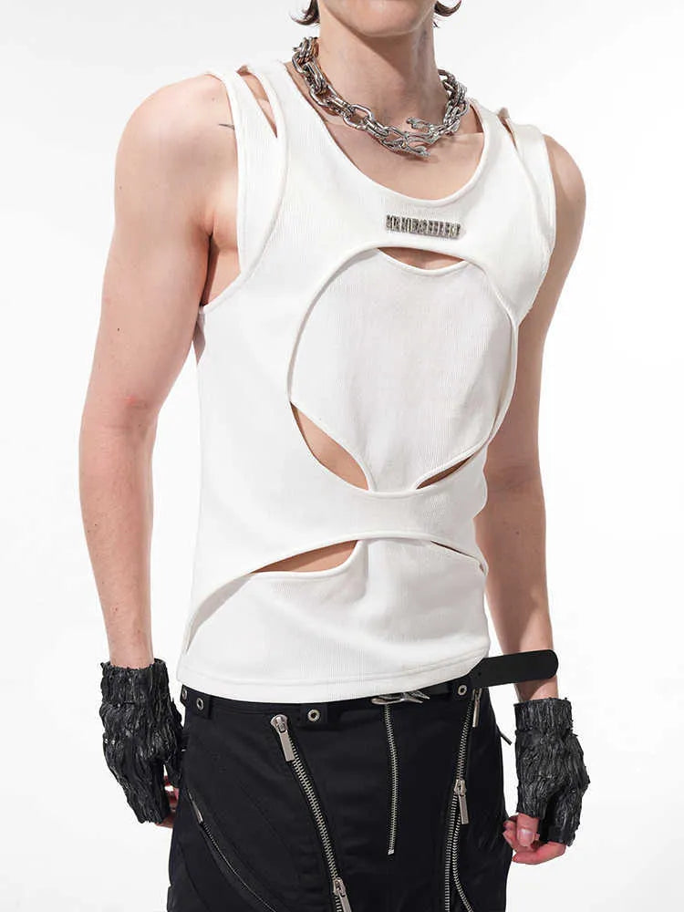 Men's black sleeveless waistcoat with hollow white thread construction and round neck collar