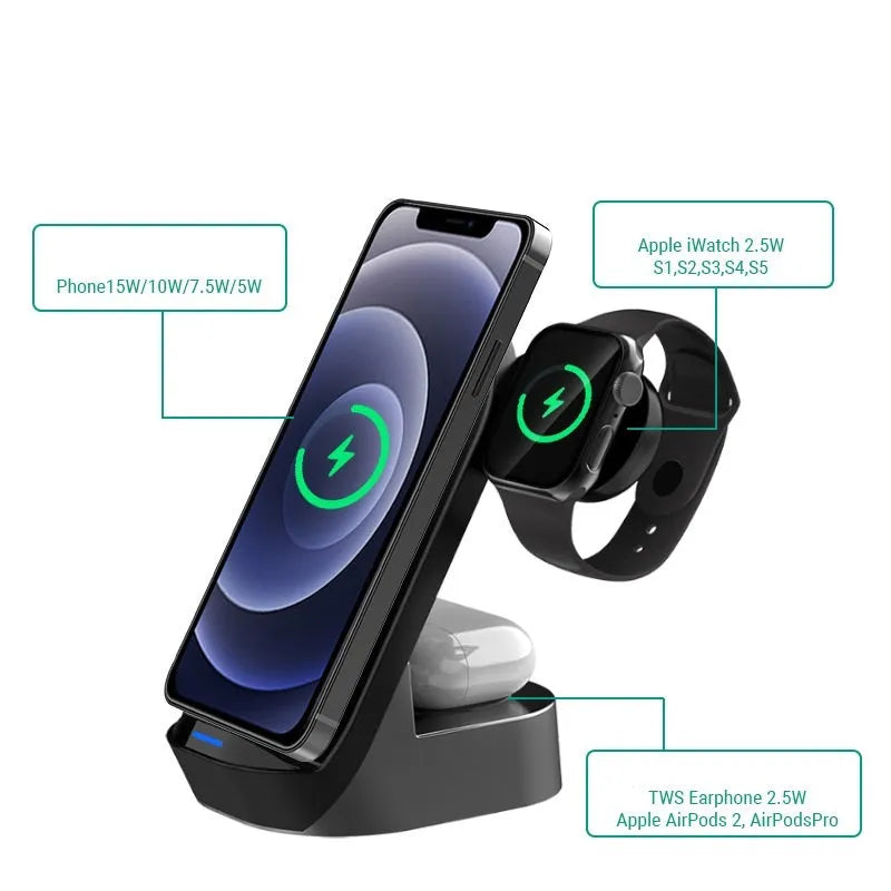 Black-grey foldable 3-in-1 wireless charging vertical stand for mobile phone, watch and headphones.