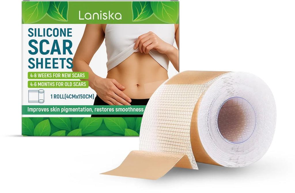 Roll of silicone scar sheet showing 4cm width with tea tree oil and aloe extract for scar management