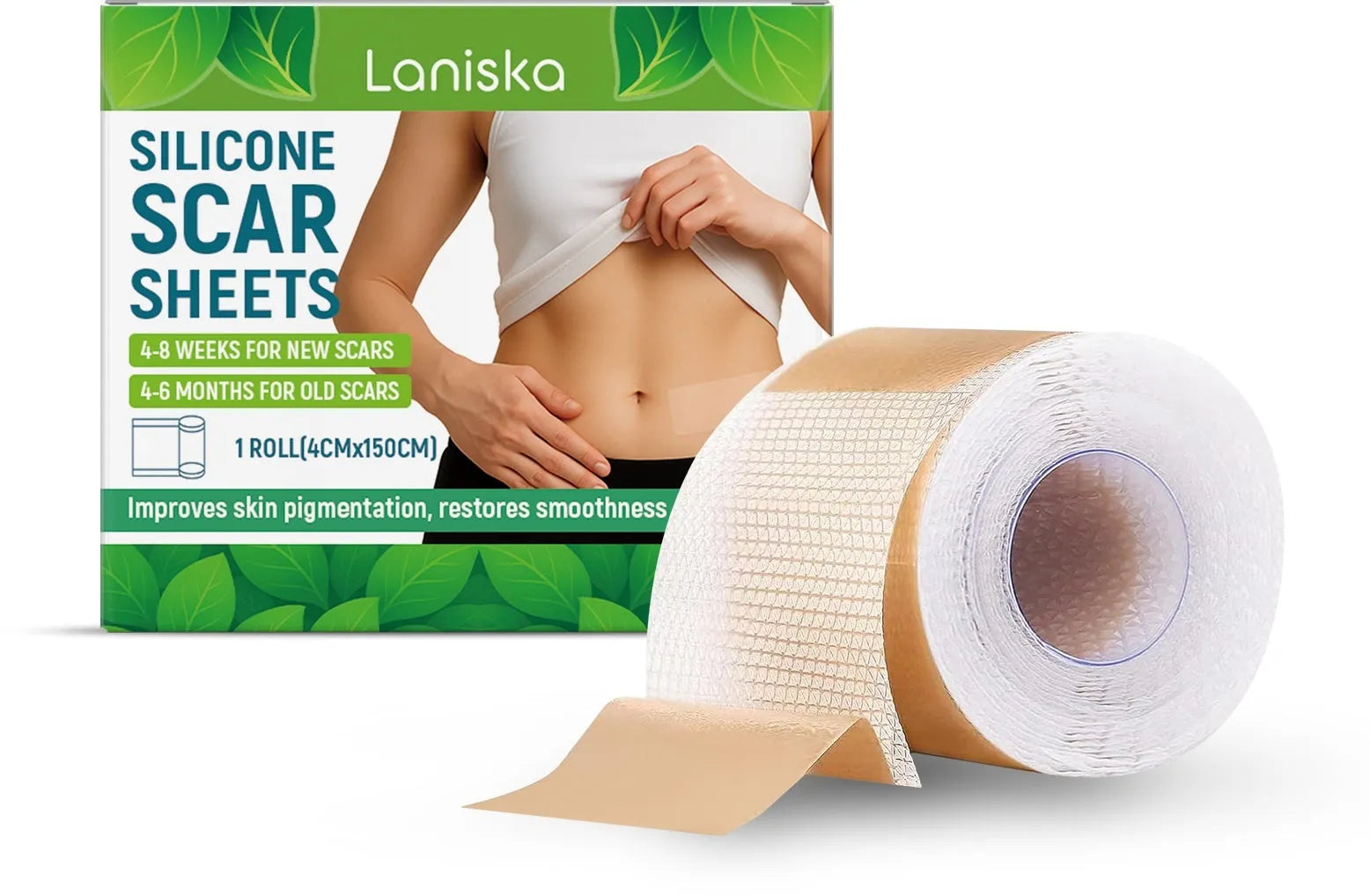 Roll of silicone scar sheet showing 4cm width with tea tree oil and aloe extract for scar management