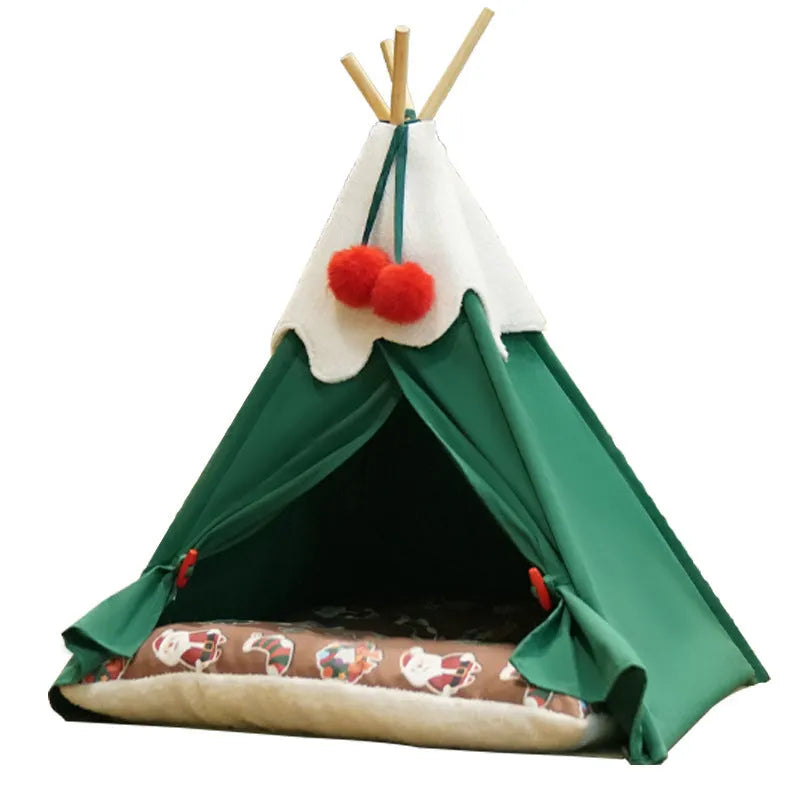 Semi-closed cloth cat house for indoor cats, shown in brown and white mat options.