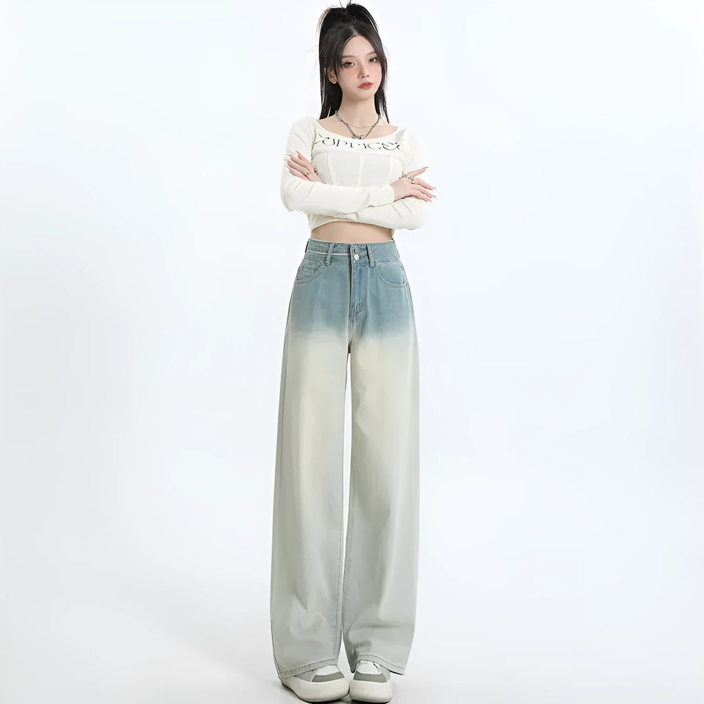 Women's gradient blue straight-leg jeans in cotton denim with wide leg opening
