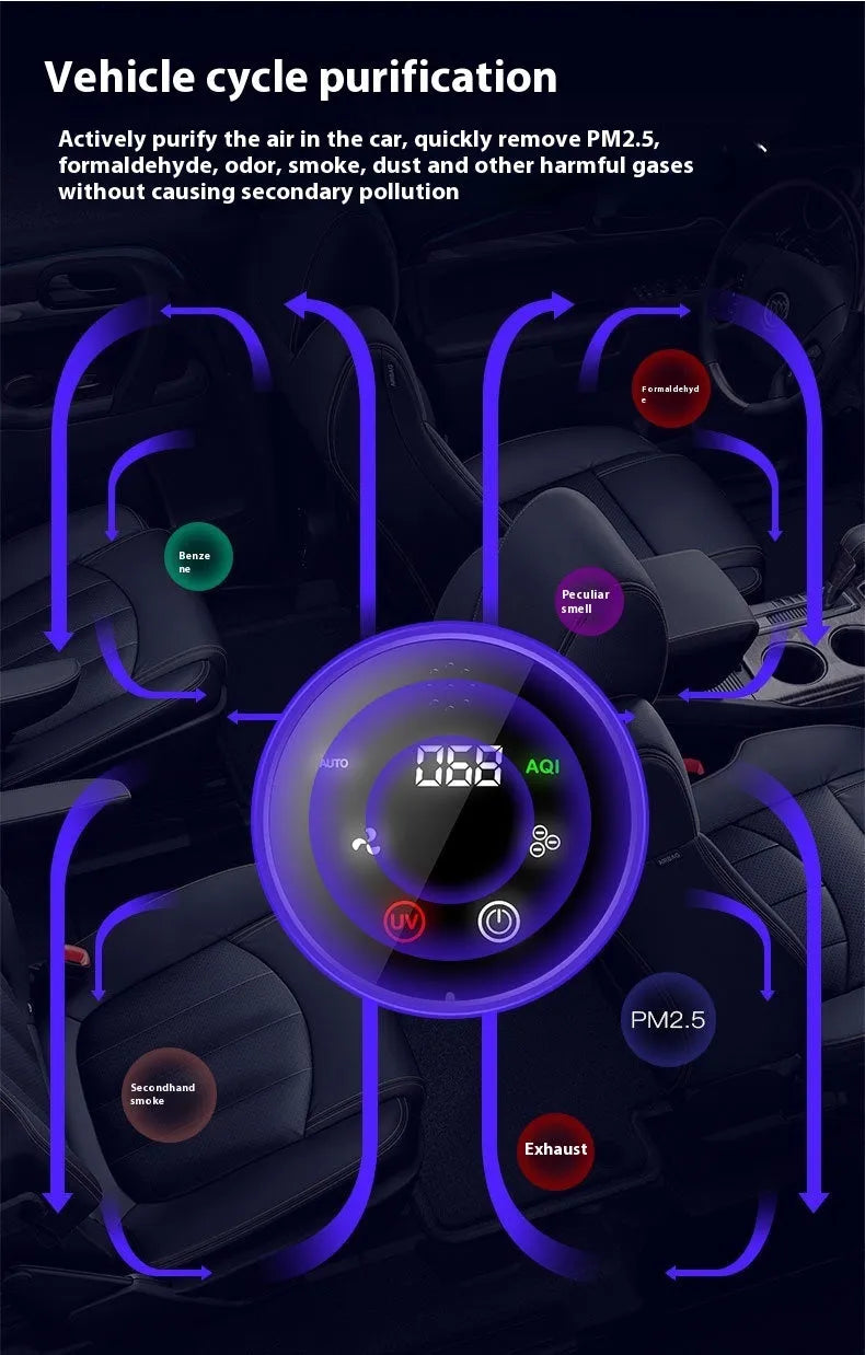 Black car air purifier measuring 68 by 187mm with USB power connection