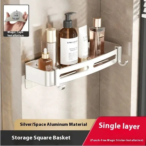 Gun grey triangular corner bathroom storage rack mounted on wall with toiletries