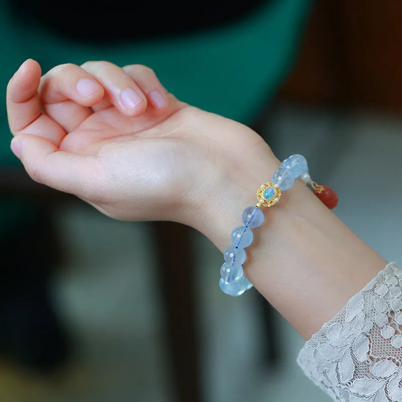 Aquamarine Chinese style Fengjiu DIY bracelet with pearl and pink crystal clip for women.