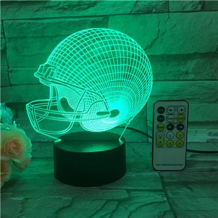 3D rugby hat acrylic LED lamp with colourful touch control on a wooden table