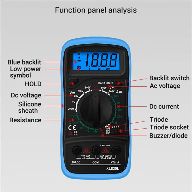 Digital multimeter handheld LCD display black yellow with test leads for voltage current resistance triode measurement