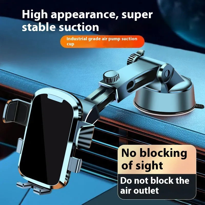 Retractable suction cup car phone holder with telescopic bracket, shown as a non-rechargeable suction cup car mount.