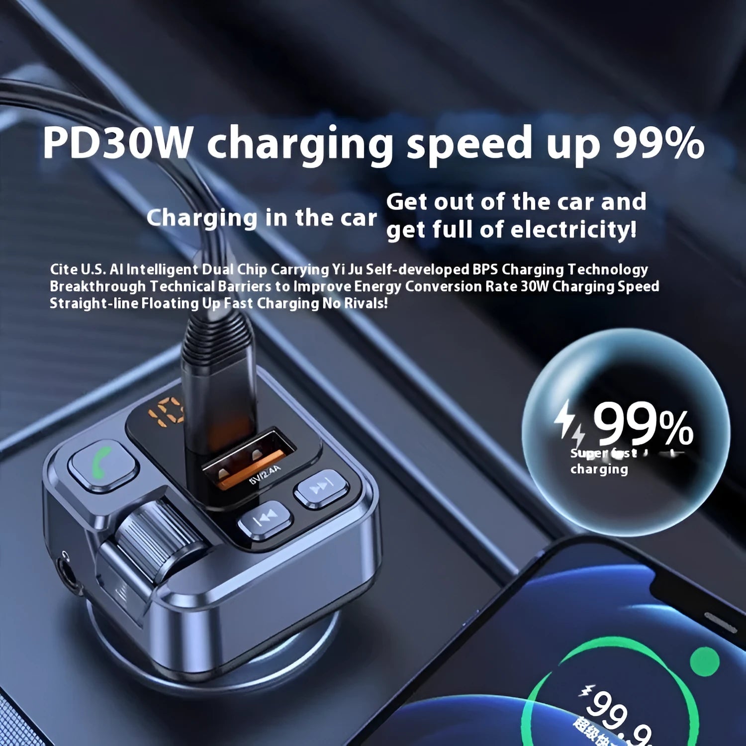 Black car Bluetooth receiver with LED display showing connection status and dual USB ports for fast charging