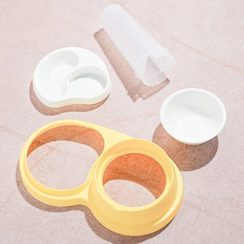 Grey and yellow raised pet double feeding bowl with four dishes and automatic water dispenser.