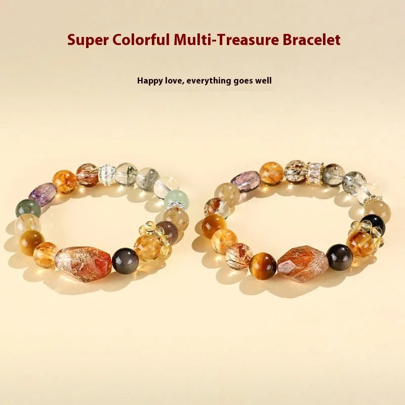 Natural Duobao crystal bead bracelet with black and gold beads on a woman's wrist.