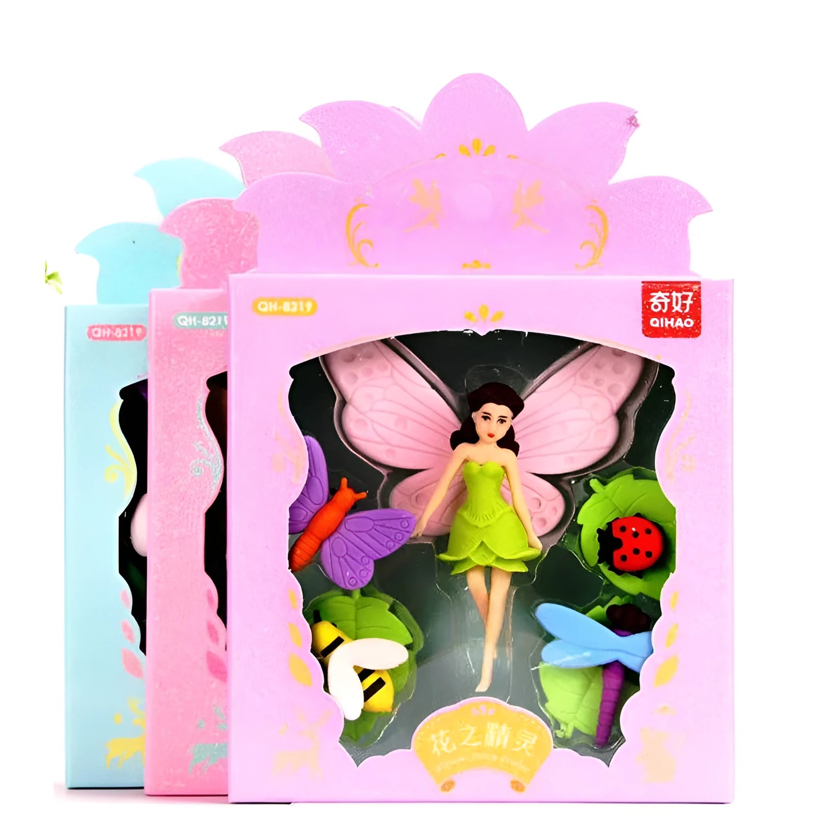 Box of 12 Flower Fairy and Mermaid TPR eraser suits for art modification, each 14x13cm.