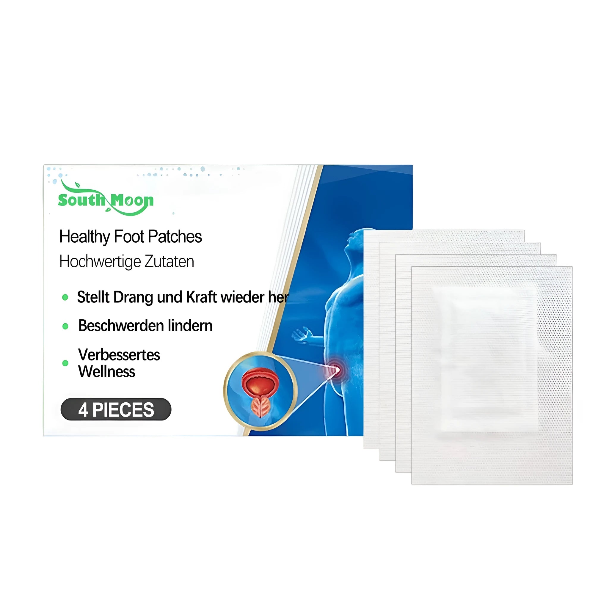 A pack of four beige herbal foot patches containing ginger, mugwort, and lavender oil.
