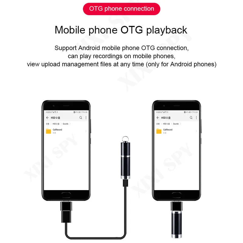 Black Amoi A1 metal voice recorder with included headset on a plain background.