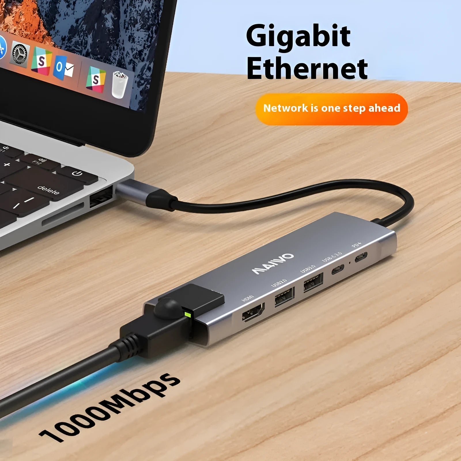 Steam Deck six-in-one USB-C docking station with aluminium shell, showing HDMI, USB 3.0, and RJ45 Ethernet ports.