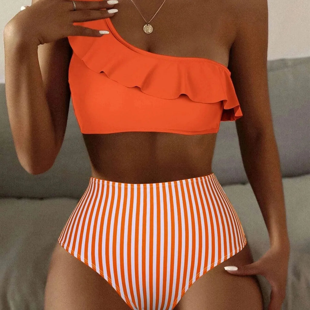 Women's striped solid colour split bikini swimsuit in polyester spandex blend showing multiple colour options