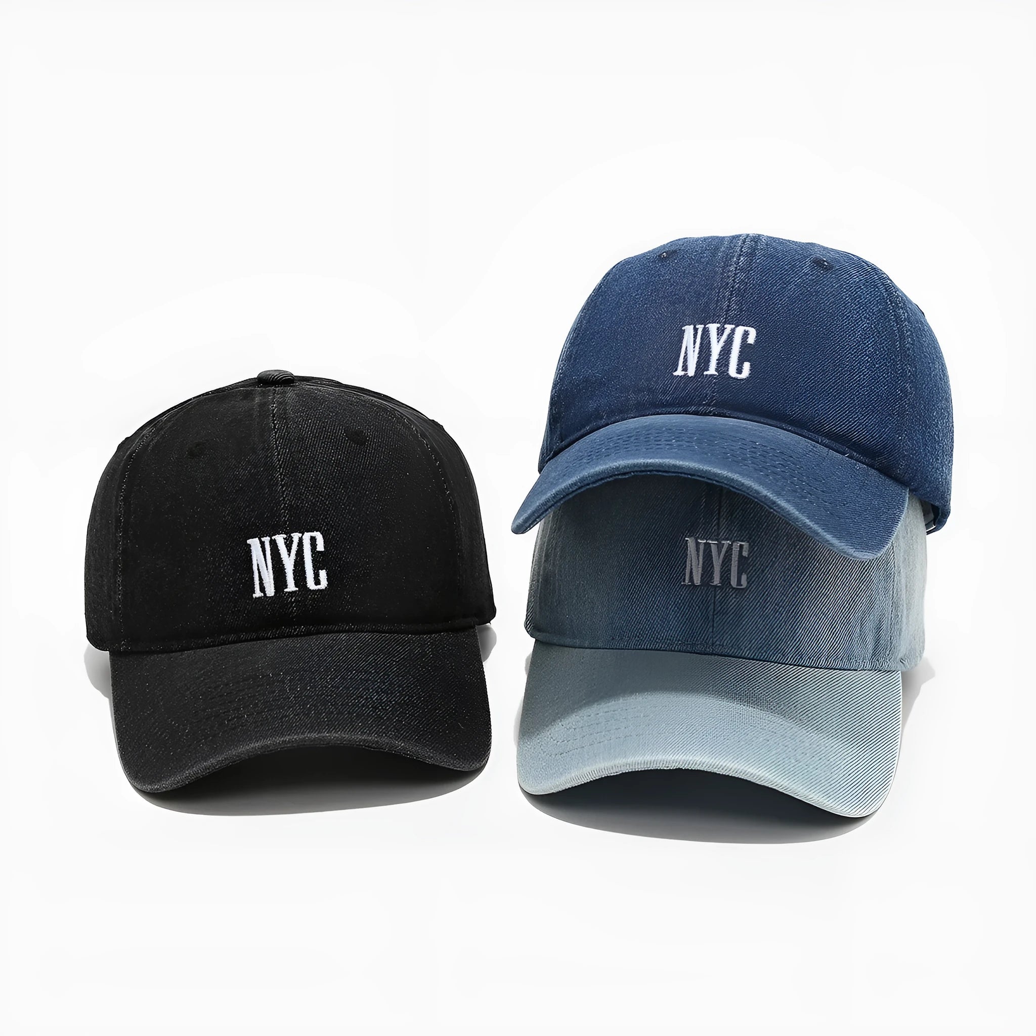 Retro style denim peaked cap with a large alphabet letter on the front, shown in light blue.