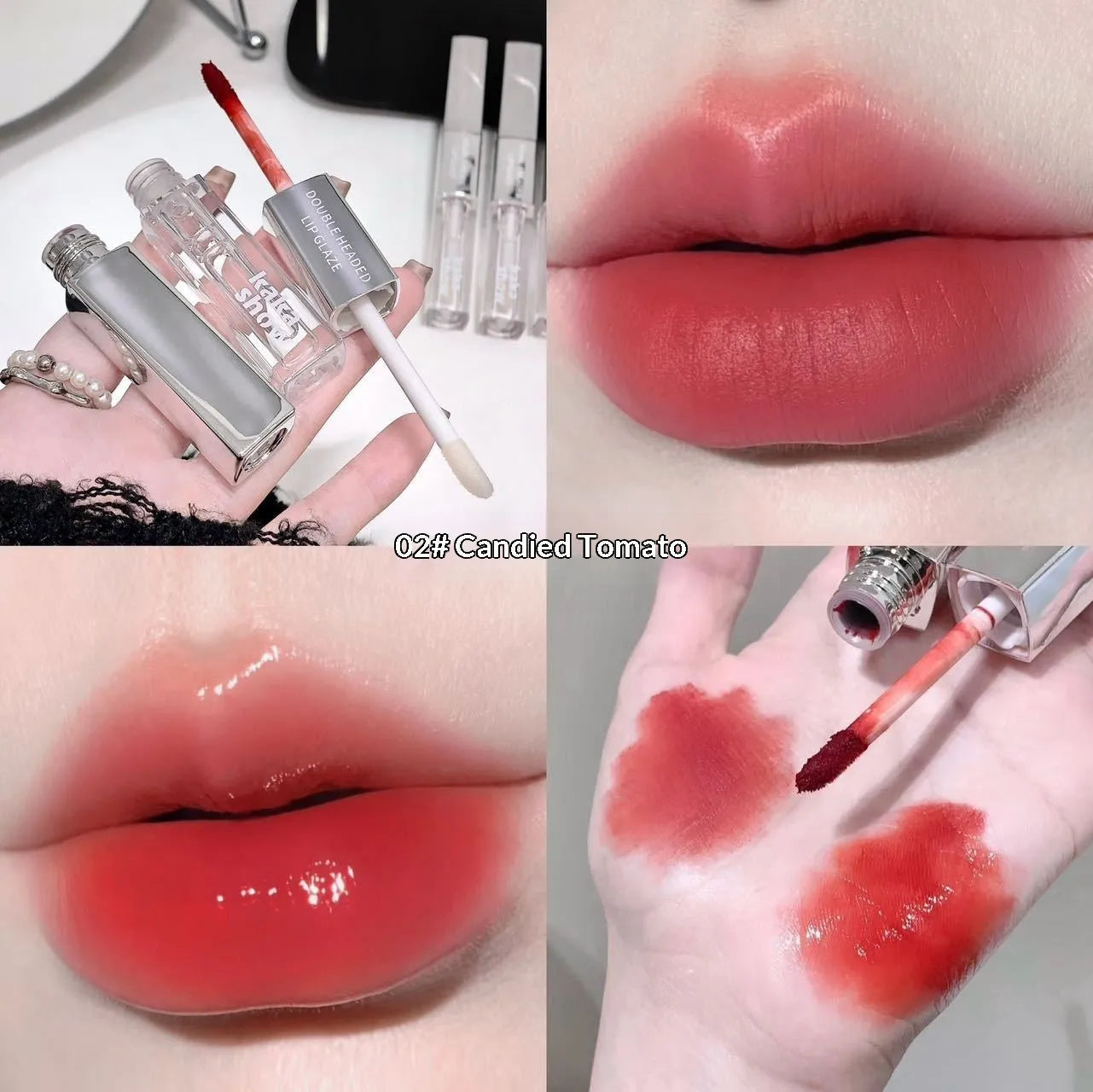Kakashow double-headed lip glaze in five shades with velvet and water gloss finish