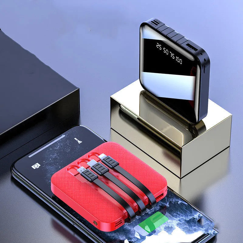 Black and red portable power banks with built-in charging cable showing 10000mAh and 20000mAh capacity options.