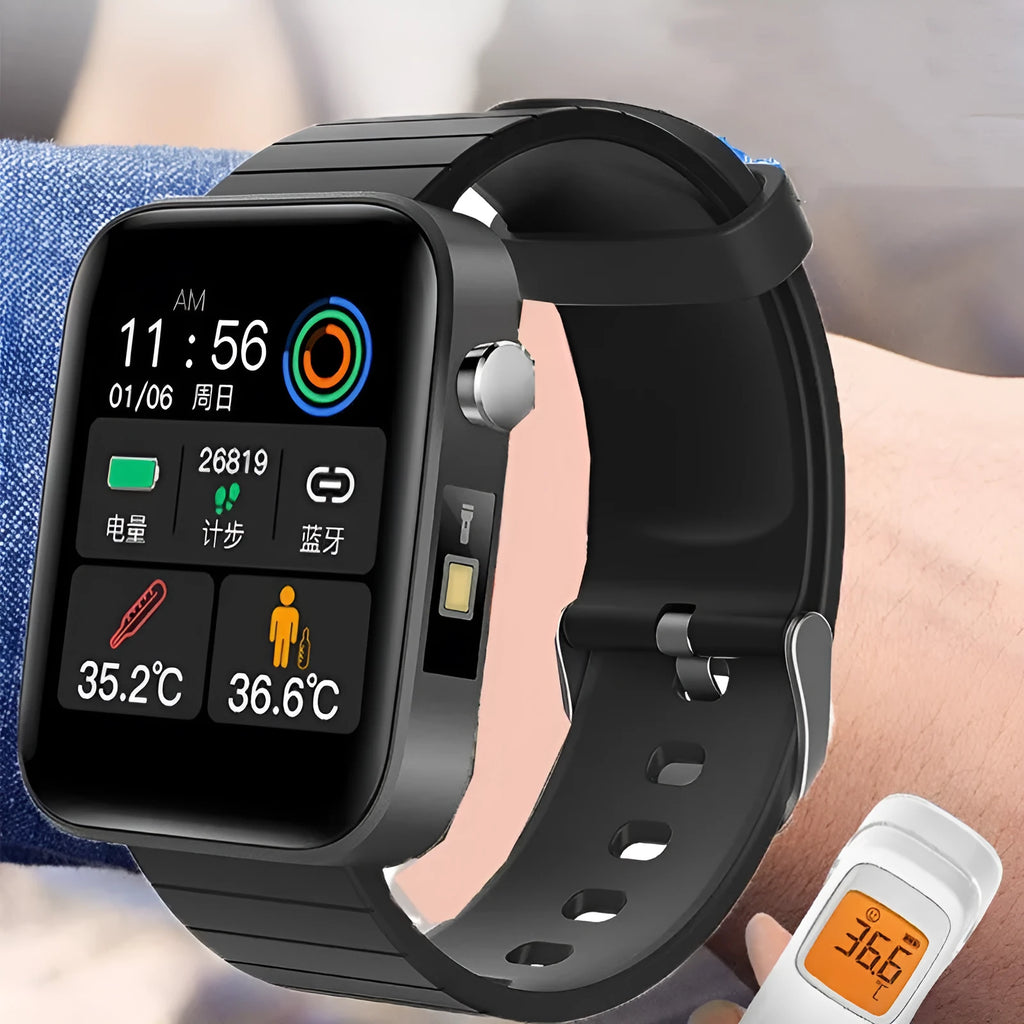 Black health monitoring bracelet with 1.54-inch touchscreen displaying blood pressure and body temperature readings